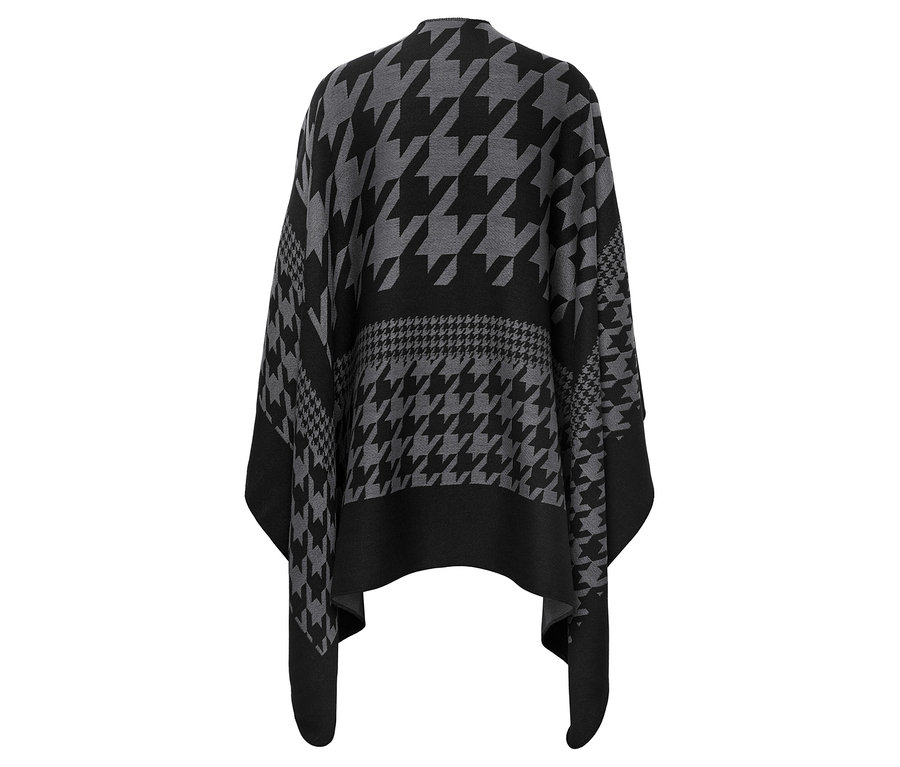 Vue arrière d'un poncho gris et noir à motif pied-de-poule.