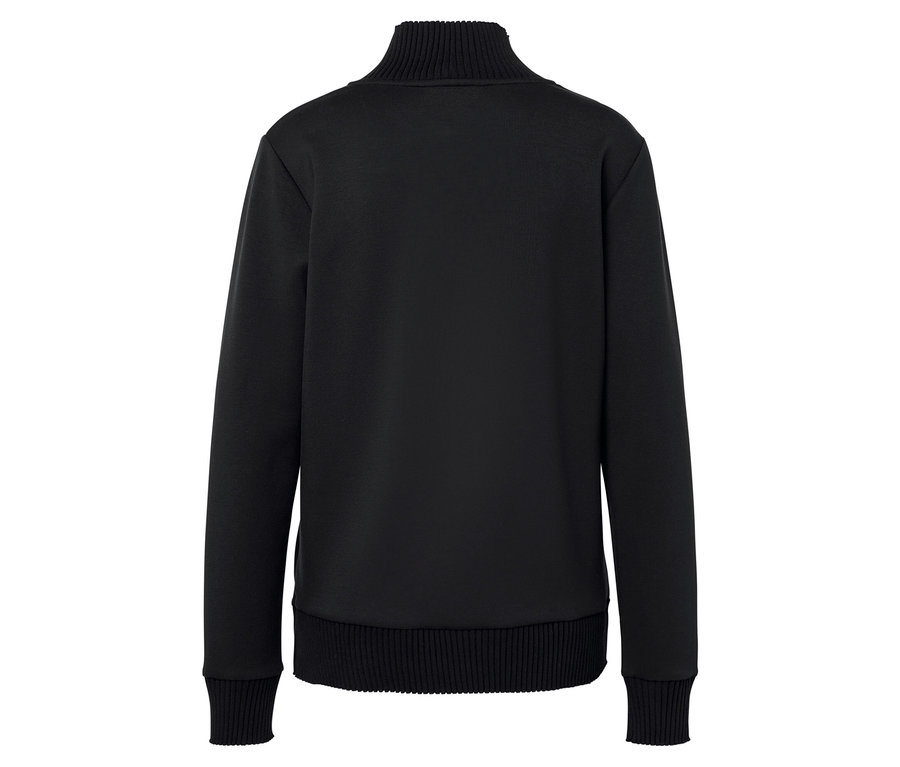 Vue arrière d'un sweat-shirt noir avec un col montant et des bords côtes.