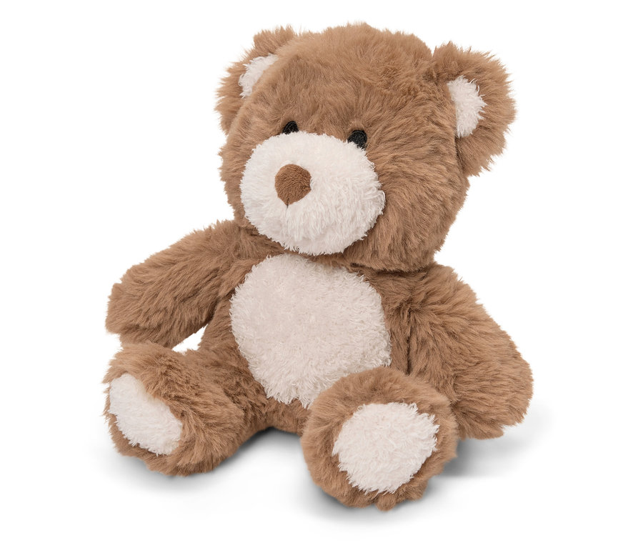 Un ours en peluche brun est assis sur un fond blanc.