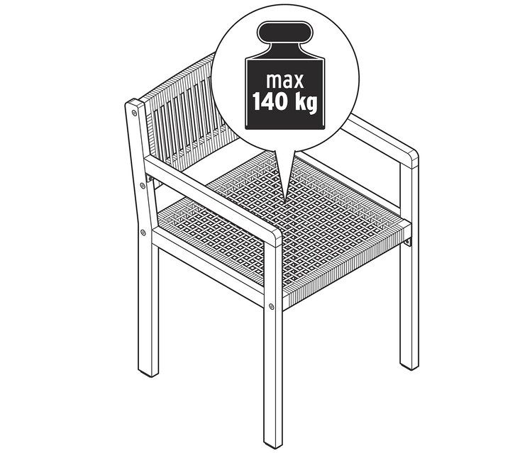 Illustration d'une chaise de salle à manger avec tissage textile et une capacité de charge maximale de 140 kg.