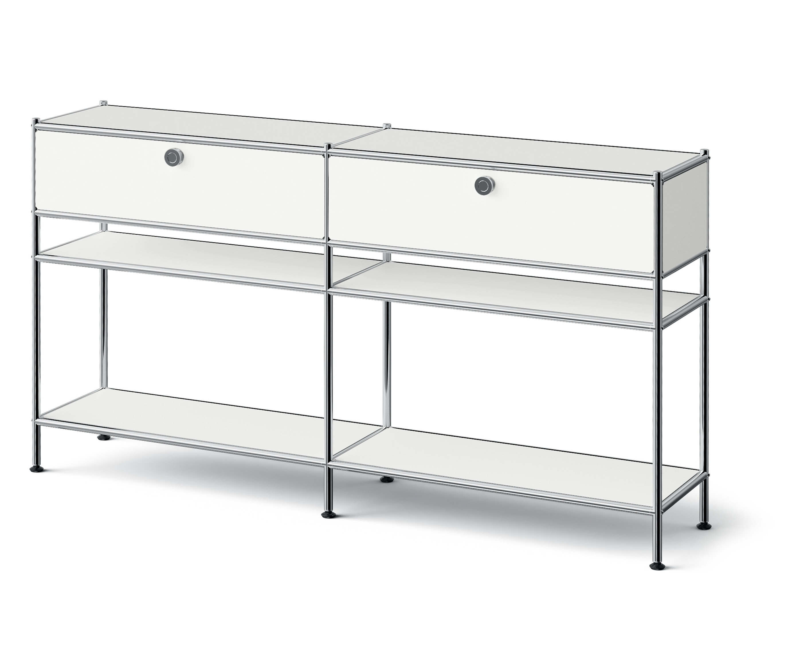 Deux unités de rangement blanches avec des cadres chromés et deux étagères ouvertes.