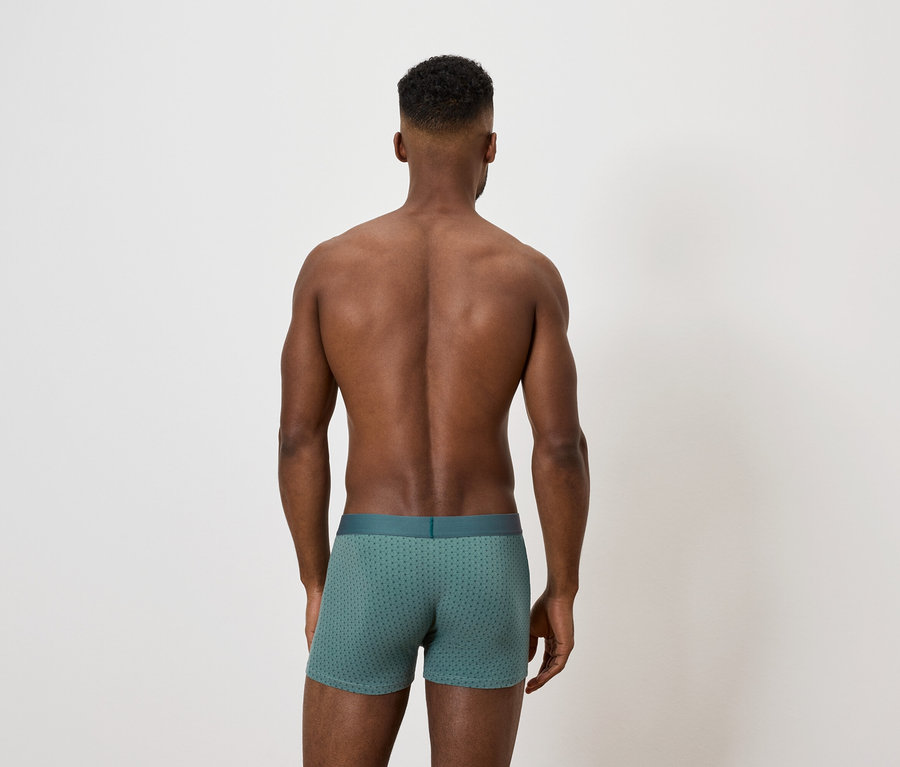 Un homme dos à la caméra porte un caleçon boxeur vert.