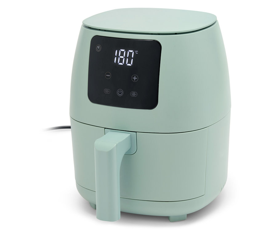 Friteuse à air chaud vert clair avec affichage numérique indiquant 180 degrés.