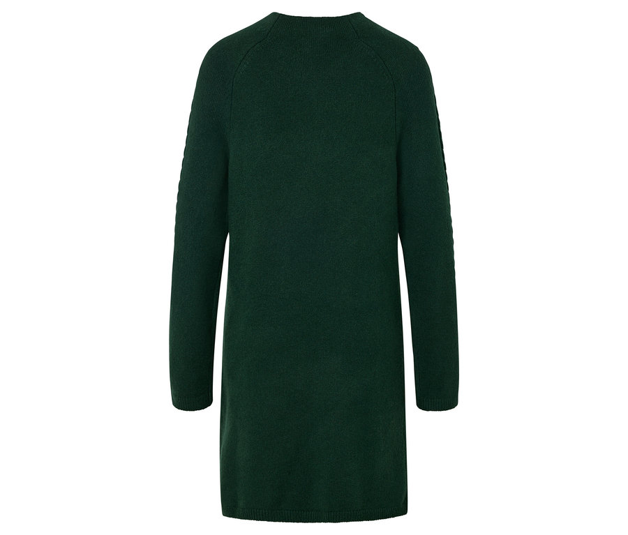 Vue arrière d'une longue robe pull verte.