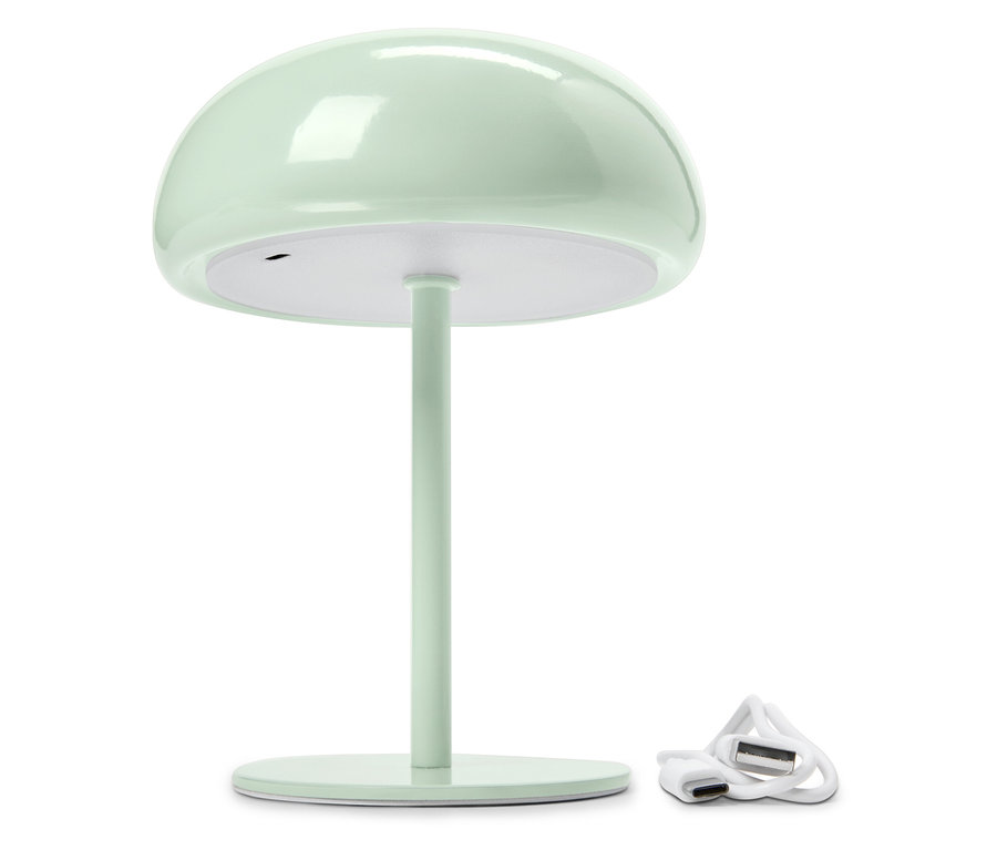 Lampe champignon vert clair avec cordon USB sur fond blanc.