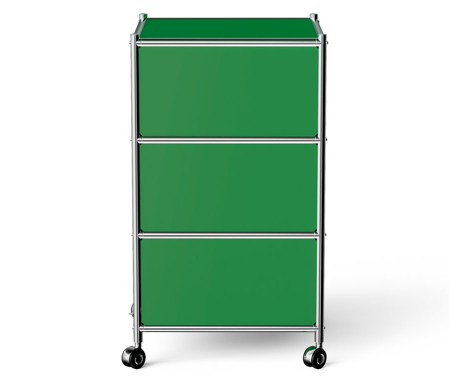 Caisson mobile vert avec trois tiroirs et cadre argenté.