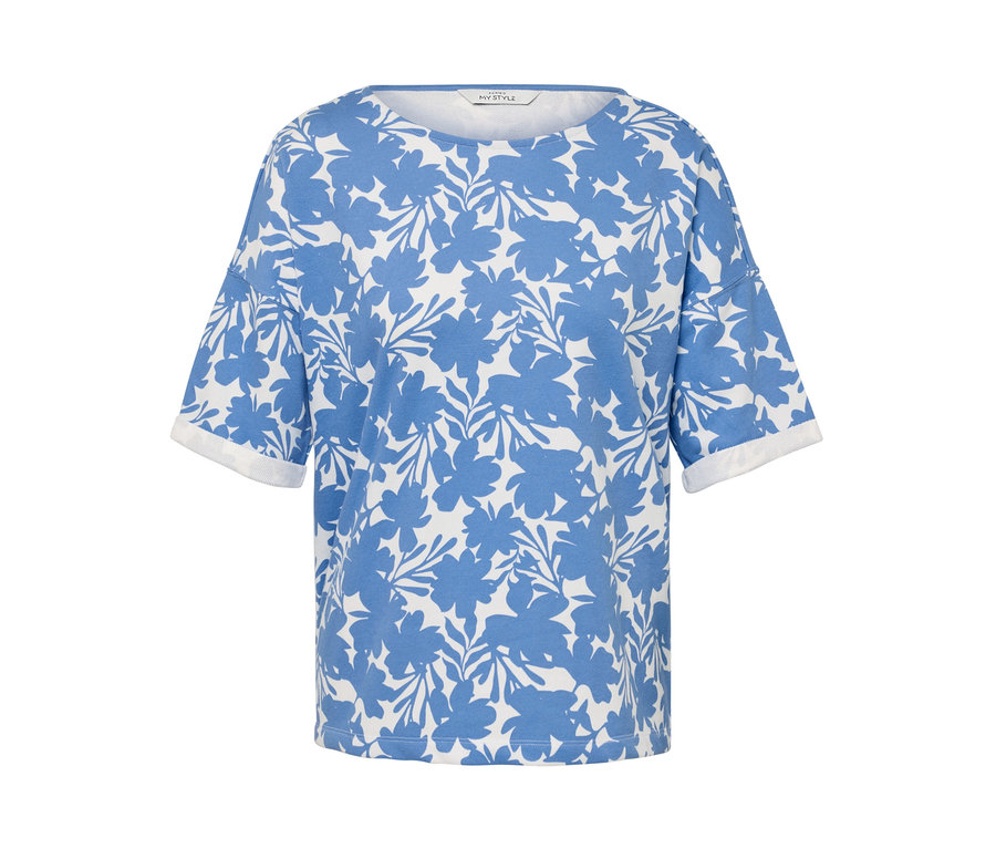 Sweat-shirt bleu clair à imprimé floral.