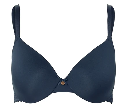 Soutien-gorge bleu marine avec de fines bretelles et un petit détail décoratif au centre.