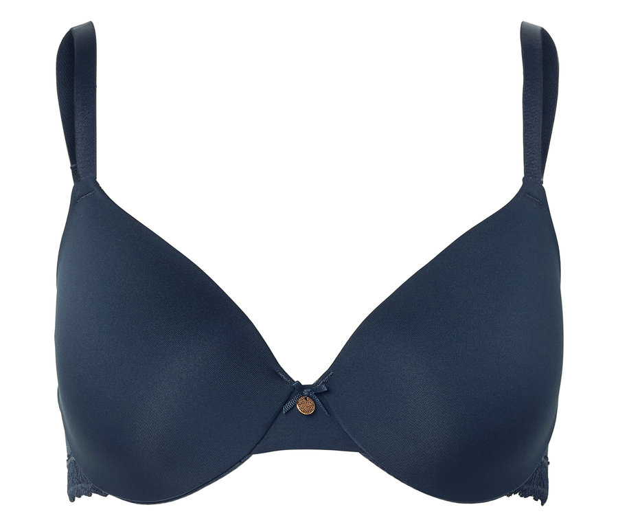 Soutien-gorge bleu marine avec de fines bretelles et un petit détail décoratif au centre.