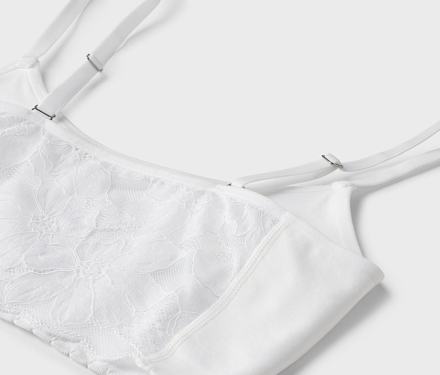 Gros plan d'un soutien-gorge blanc avec de la dentelle et des bretelles réglables.