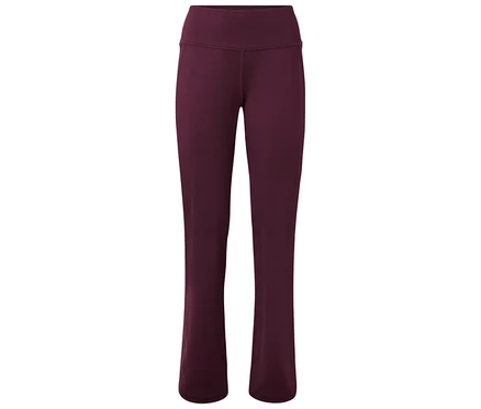 Pantalon de yoga évasé bordeaux à taille haute sur fond blanc.