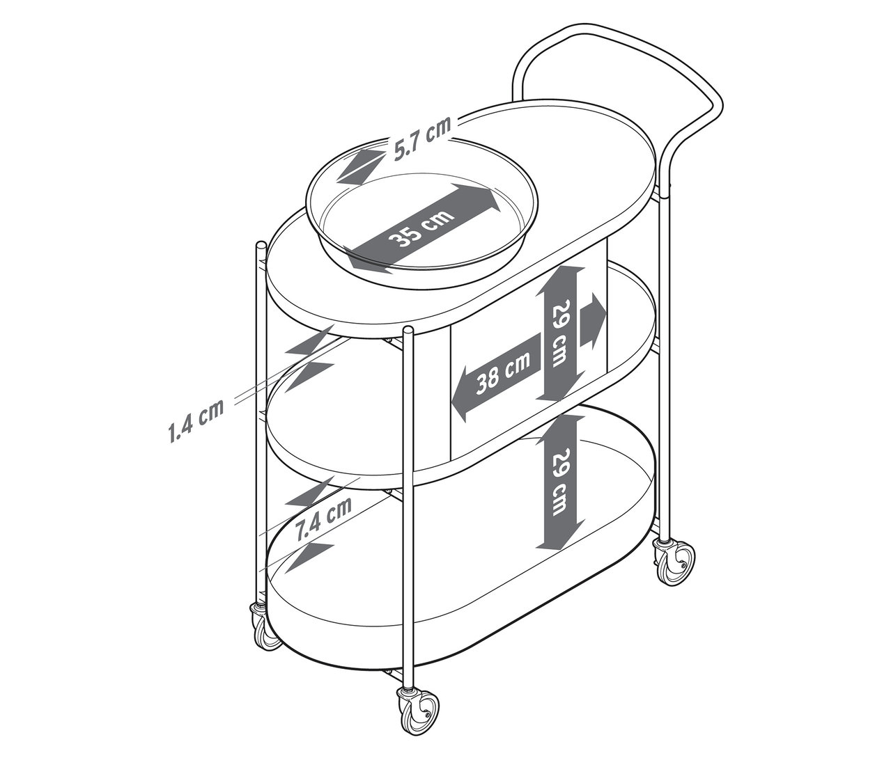 Illustration d'un chariot de service avec plateau et dimensions.