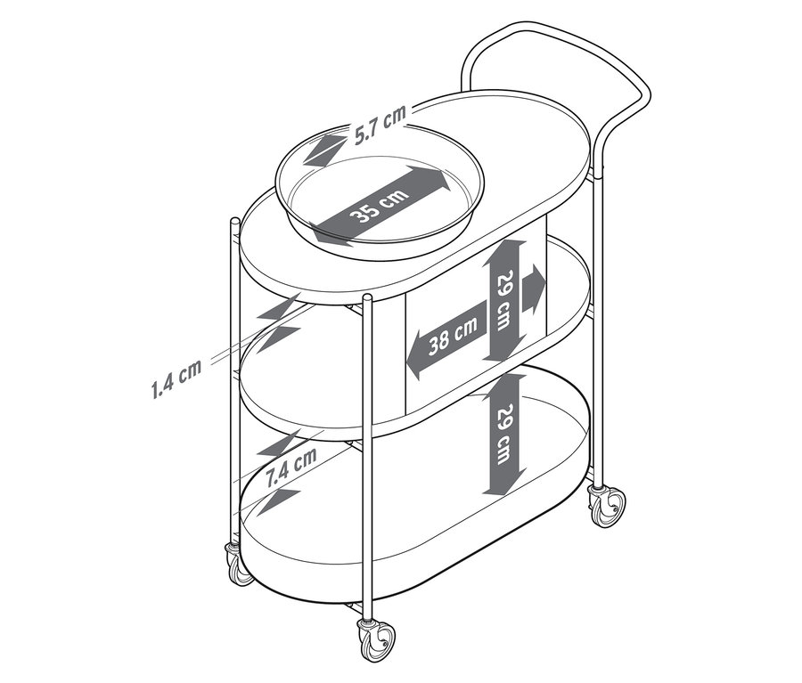 Illustration d'un chariot de service avec plateau et dimensions.