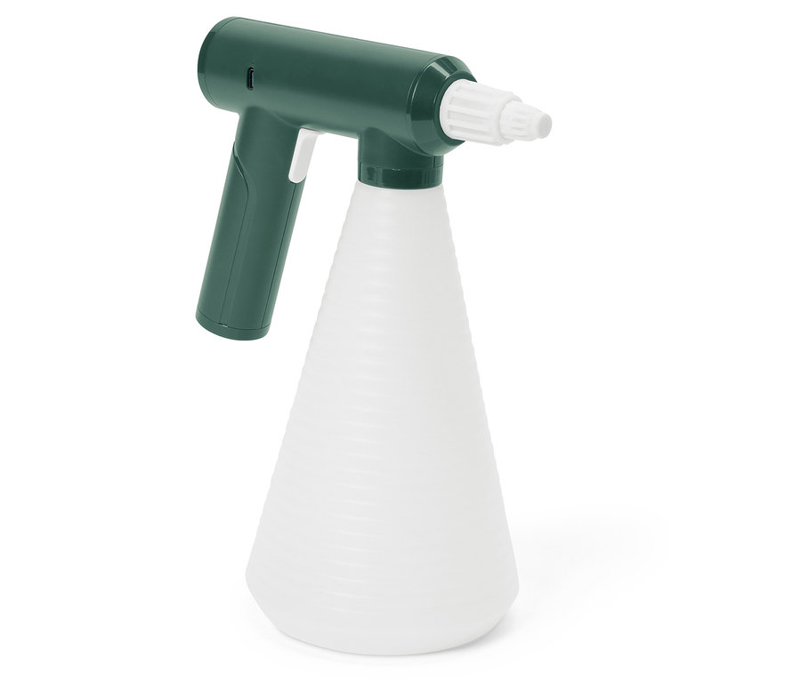 Vaporisateur vert avec récipient blanc.