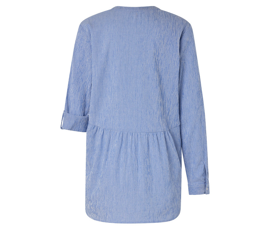 Vue arrière d'une tunique rayée bleu et blanc à manches longues.