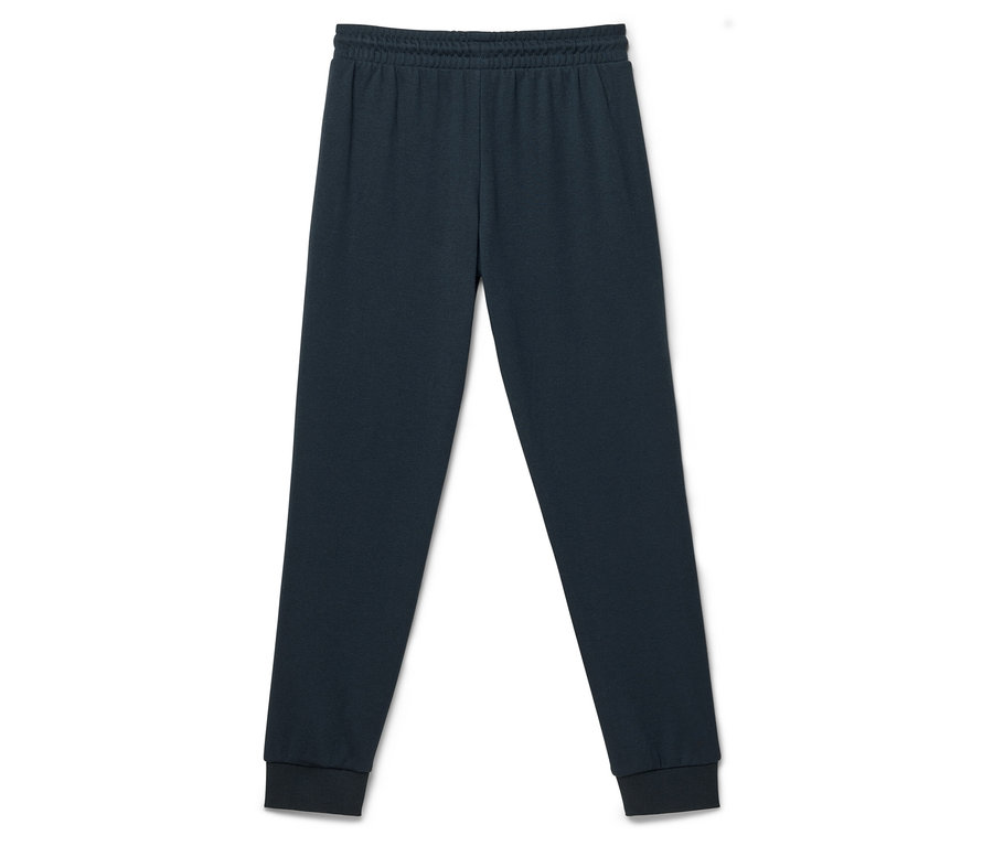 Pantalon de jogging long bleu foncé avec cordon de serrage à la taille et chevilles élastiquées, posé à plat sur un fond blanc.