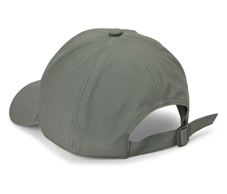 Gros plan sur l'arrière d'une casquette de baseball vert olive avec une sangle réglable.