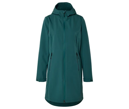 Longue veste softshell verte avec capuche et fermeture éclair sur le devant.