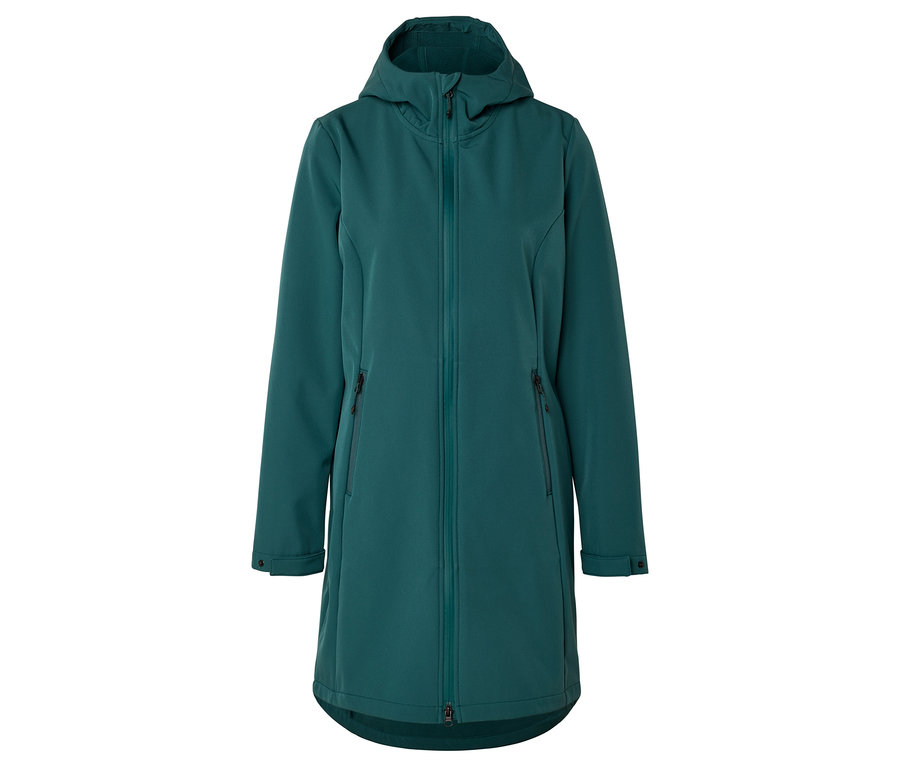 Longue veste softshell verte avec capuche et fermeture éclair sur le devant.