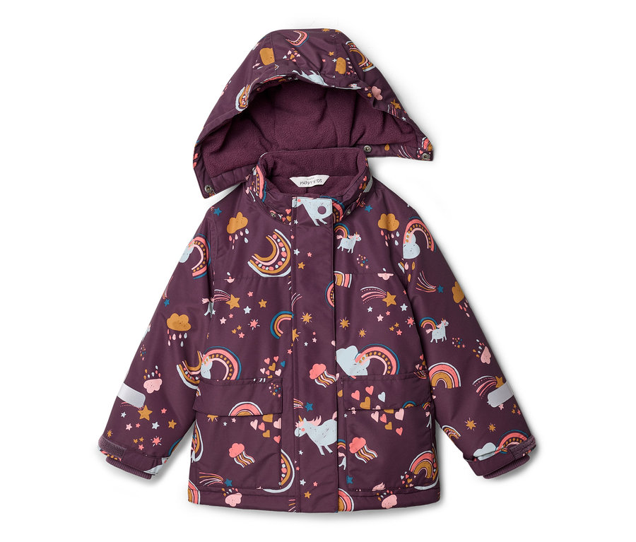 Veste enfant violette à capuche, recouverte de motifs de licorne, d'arc-en-ciel et d'étoiles.