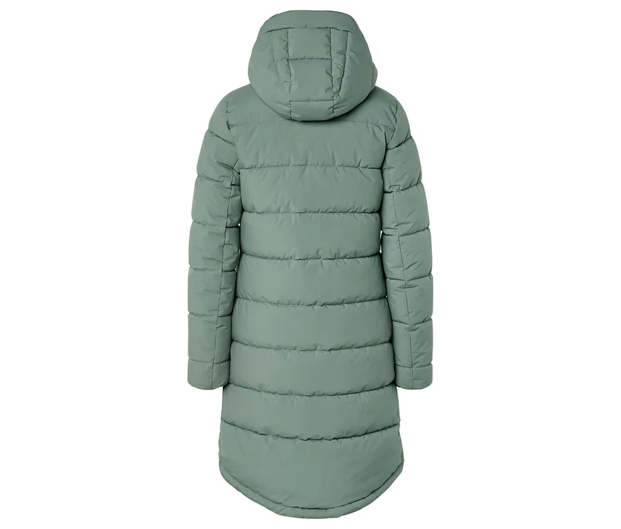 Vue arrière d'un long manteau matelassé vert clair avec capuche.