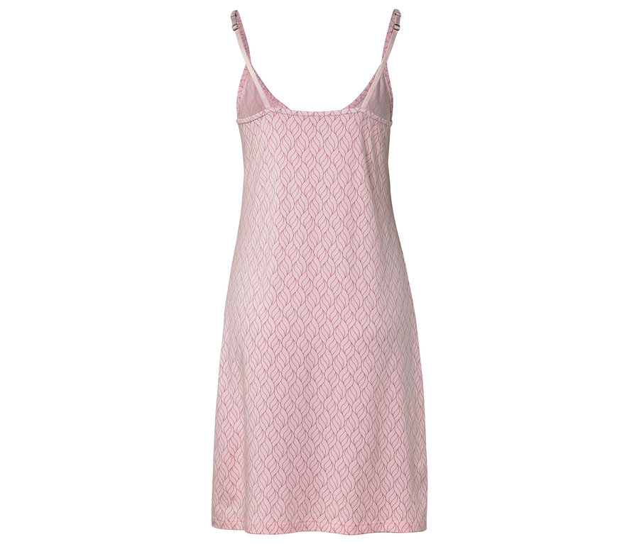 Vue arrière d'une chemise de nuit rose à motif de feuilles avec des bretelles spaghetti.