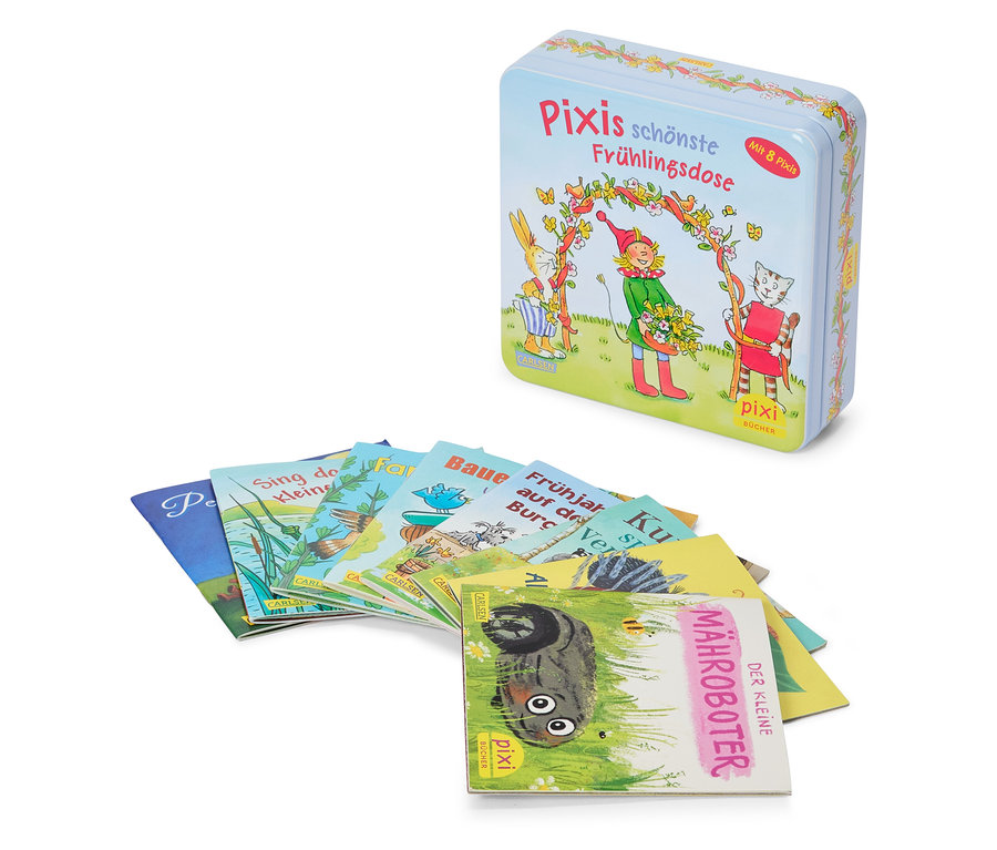 Une boîte avec l'inscription "Pixis schönste Frühlingsdose" est posée sur un éventail de livres Pixi.