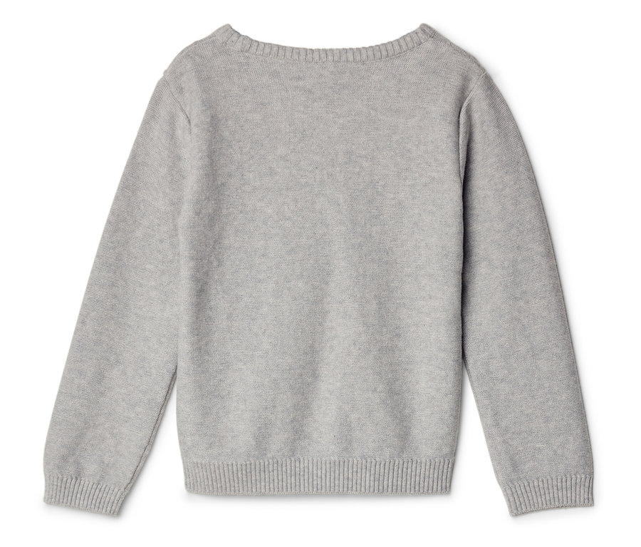 Pull gris, photographié de dos, avec des manches longues et un ourlet côtelé.
