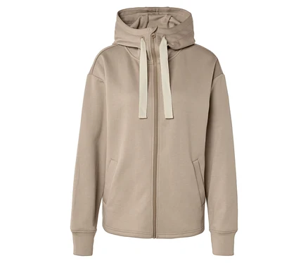 Sweat à capuche beige avec fermeture éclair et cordon de serrage.
