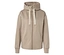 Sweat à capuche beige avec fermeture éclair et cordon de serrage.
