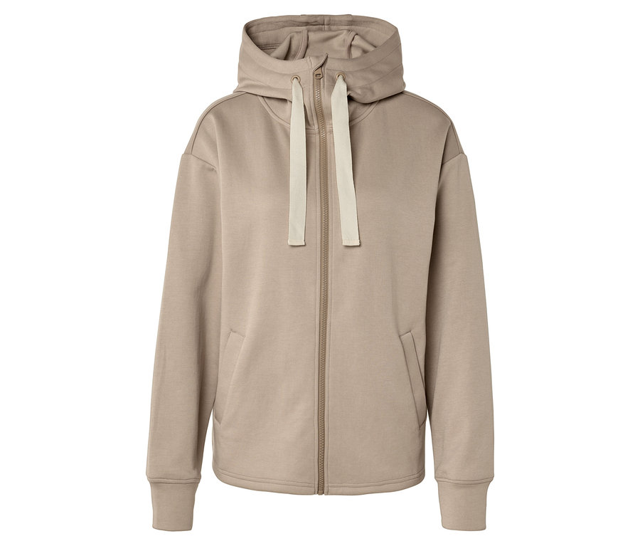 Sweat à capuche beige avec fermeture éclair et cordon de serrage.
