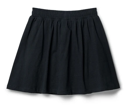Une jupe bleu marine avec une taille élastique repose sur un fond blanc.