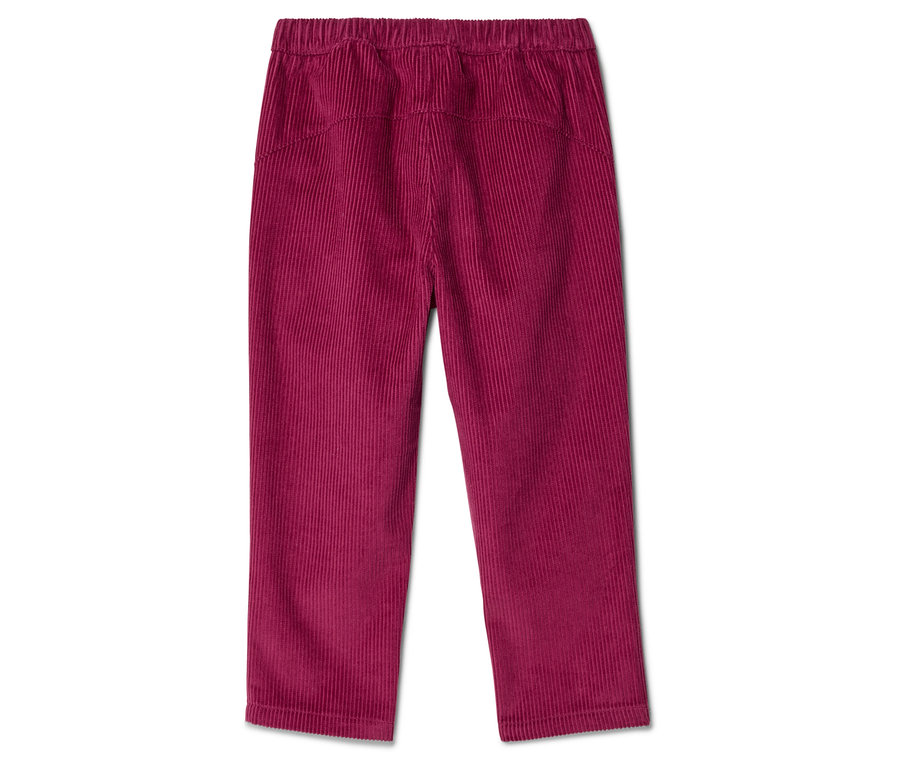 Un pantalon en velours côtelé bordeaux avec une taille élastique est posé sur un fond blanc.