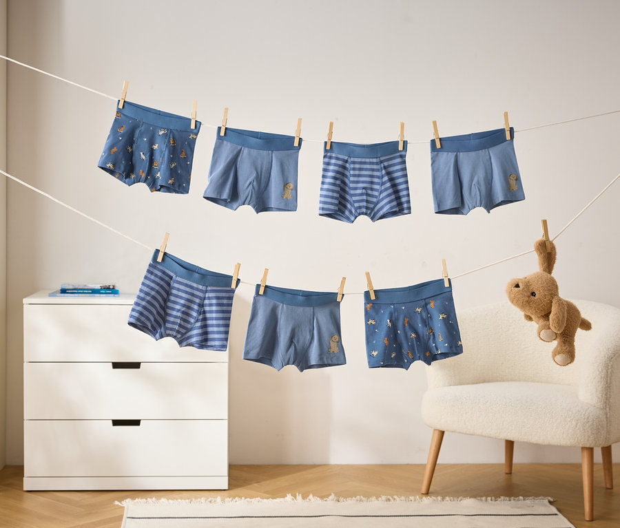 Sept boxers bleus pour enfants, certains unis, certains rayés et certains à motifs d'animaux, sont suspendus à deux cordes à linge avec des pinces. Une peluche marron pend de la corde inférieure. Une commode blanche est à gauche et un fauteuil moelleux blanc est à droite.