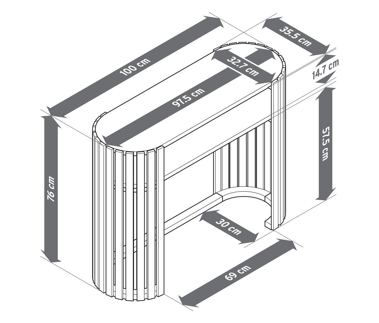 Vue de dessus d'une console en bambou avec des éléments à lamelles et des dimensions en centimètres.
