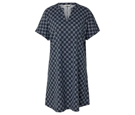 Une robe bleu marine avec un motif blanc répétitif.
