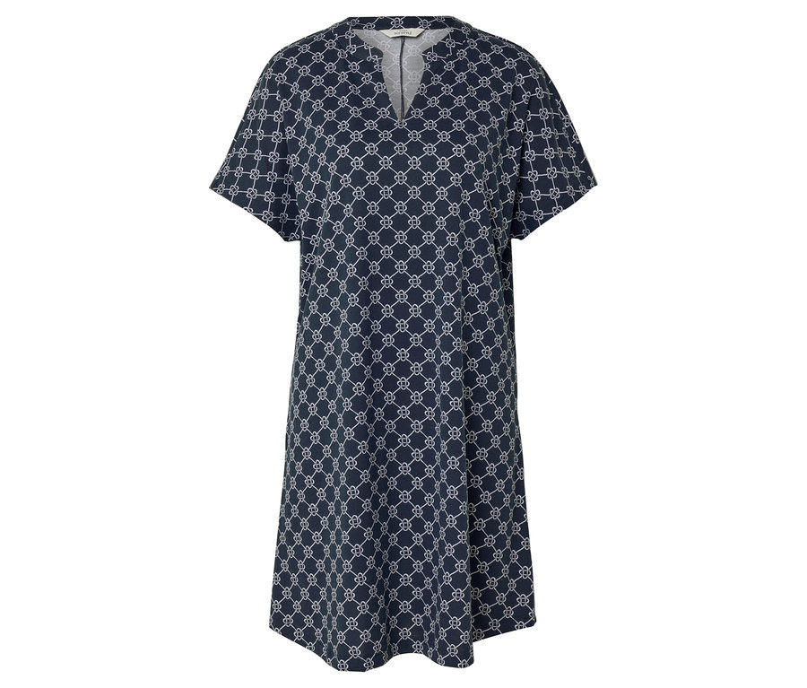 Une robe bleu marine avec un motif blanc répétitif.