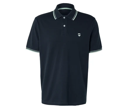 Polo bleu marine à manches courtes avec des accents vert clair sur le col et les manches.