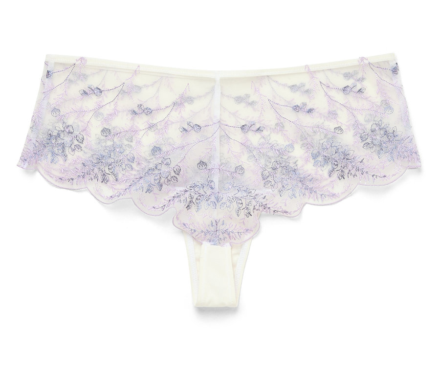 Culotte blanche pour femme avec motif floral bleu-violet sur fond blanc.