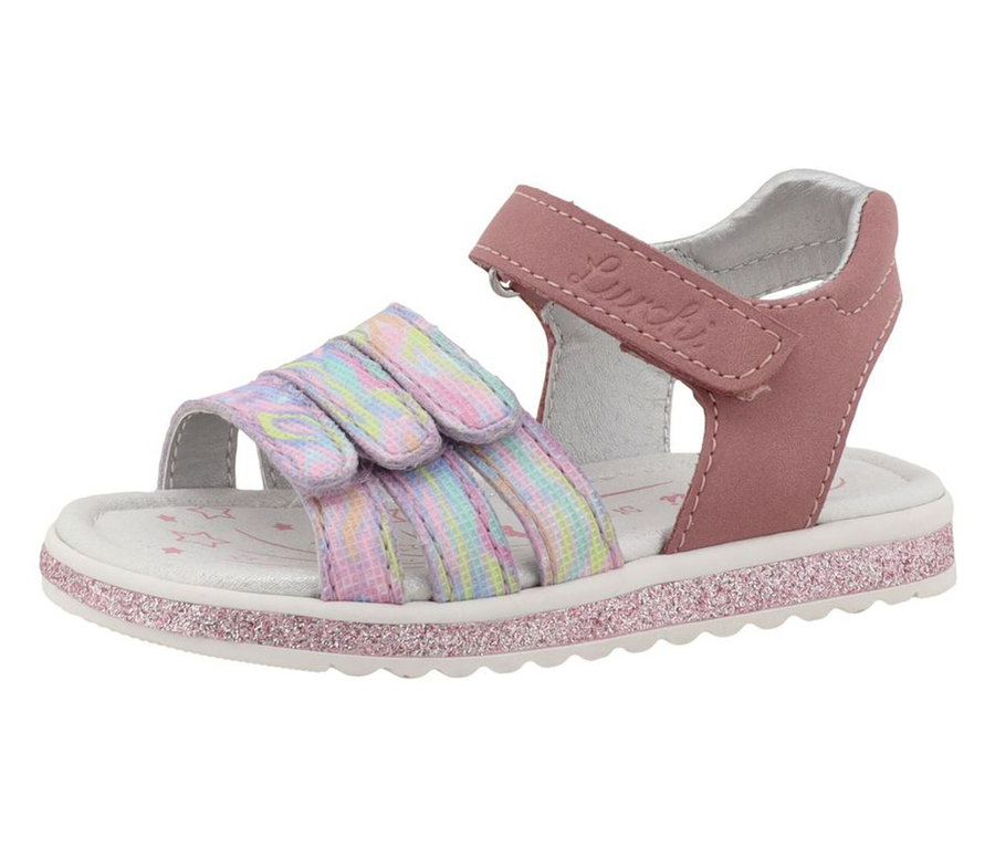 Sandales pour fille « Cimbaly 2 » de LURCHI, roses avec des brides arc-en-ciel pastel et une semelle bordée de paillettes roses.