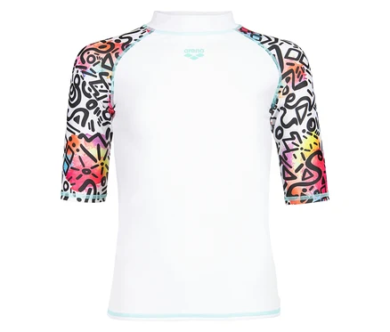 T-shirt blanc à manches longues Arena avec motifs colorés sur les manches.