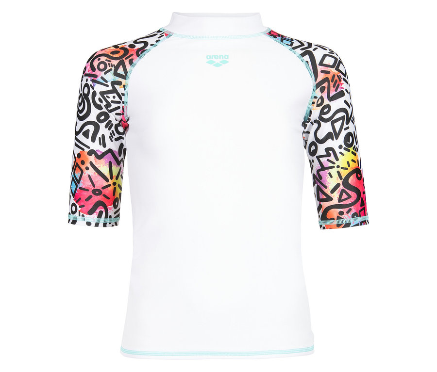 T-shirt blanc à manches longues Arena avec motifs colorés sur les manches.