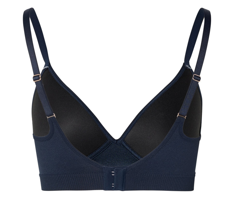 Vue arrière d'un soutien-gorge à coque sans couture bleu marine avec bretelles réglables et fermeture à agrafes.
