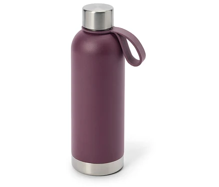 Gourde de sport violet foncé avec un bouchon argenté, une anse assortie et une base argentée.