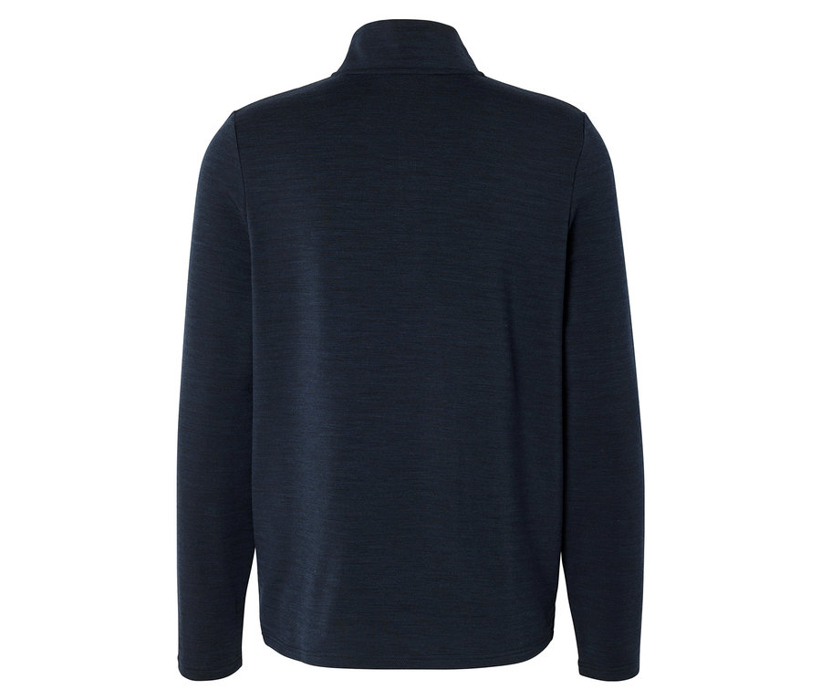 Vue de dos d'un t-shirt à manches longues bleu marine avec col montant et quart de zip.