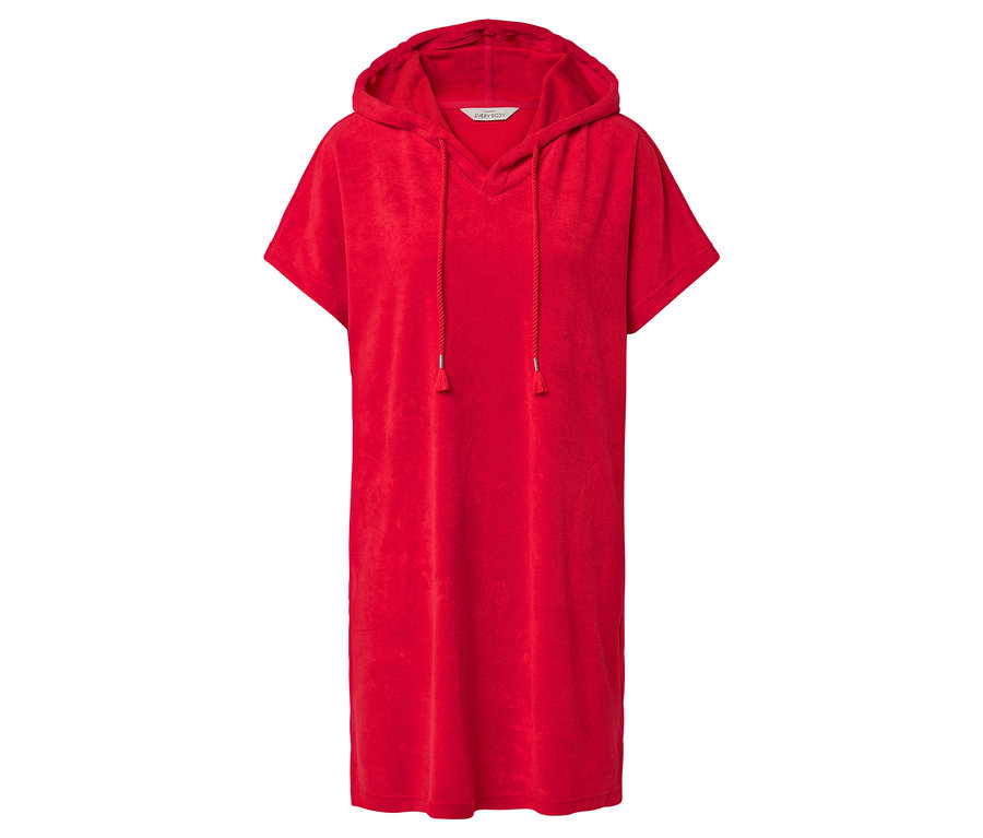 Robe rouge à capuche avec manches courtes et cordon de serrage.