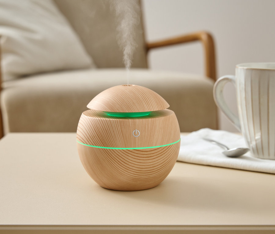 Un humidificateur d'air en bois avec une lumière verte est posé sur une table à côté d'une tasse et d'une cuillère.
