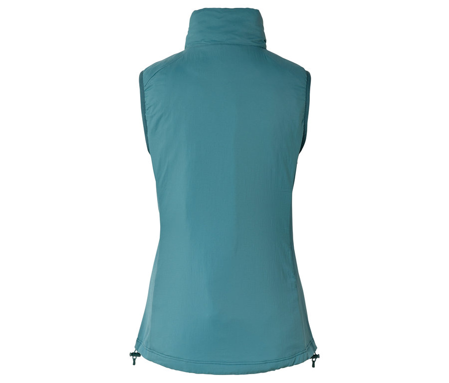 Vue arrière d'un gilet turquoise sans manches avec un col montant.