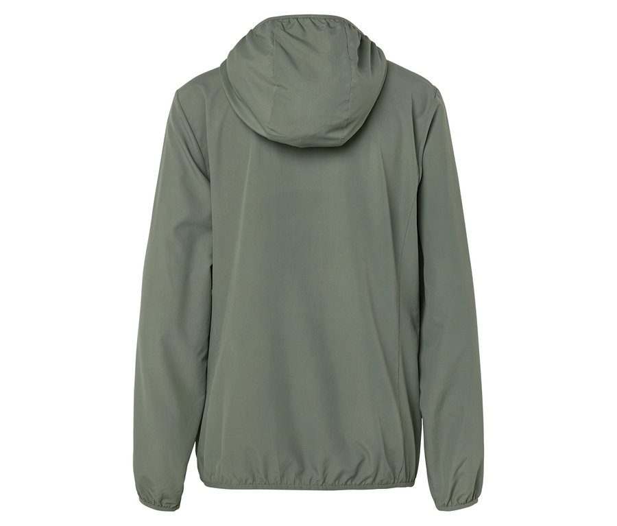 Vue arrière d'un blouson à capuche vert olive.