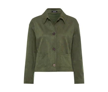 Veste vert olive avec un col classique, trois boutons marron et deux poches plaquées.